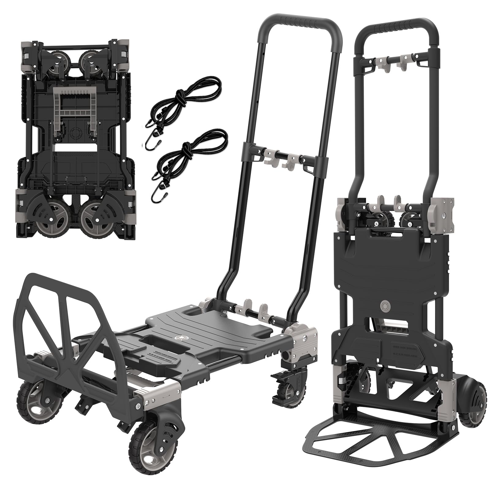 2 in 1 Folding Hand Truck Dolly, 330LB Heavy Duty Carrying with 4 Wheels Foldable, Portable Dolly with Retractable Handle, Include 2 Bungee Cords, for Moving, Luggage, Office