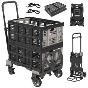 2-1 folding hand truck dolly with 2 pcs shopping basket, 330lb heavy duty carrying with 4 wheels foldable, retractable handle collapsible cart, include 2 bungee cords, for moving, luggage, office