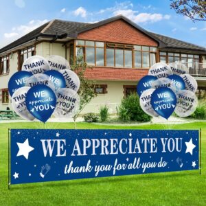 We Appreciate You Decorations Blue Silver Appreciate You Banner with 18 pcs Balloons Thank You Yard Sign for Teacher Employee Staff Poaster Doctors Nurse Volunteer Appreciation Week Party Decor