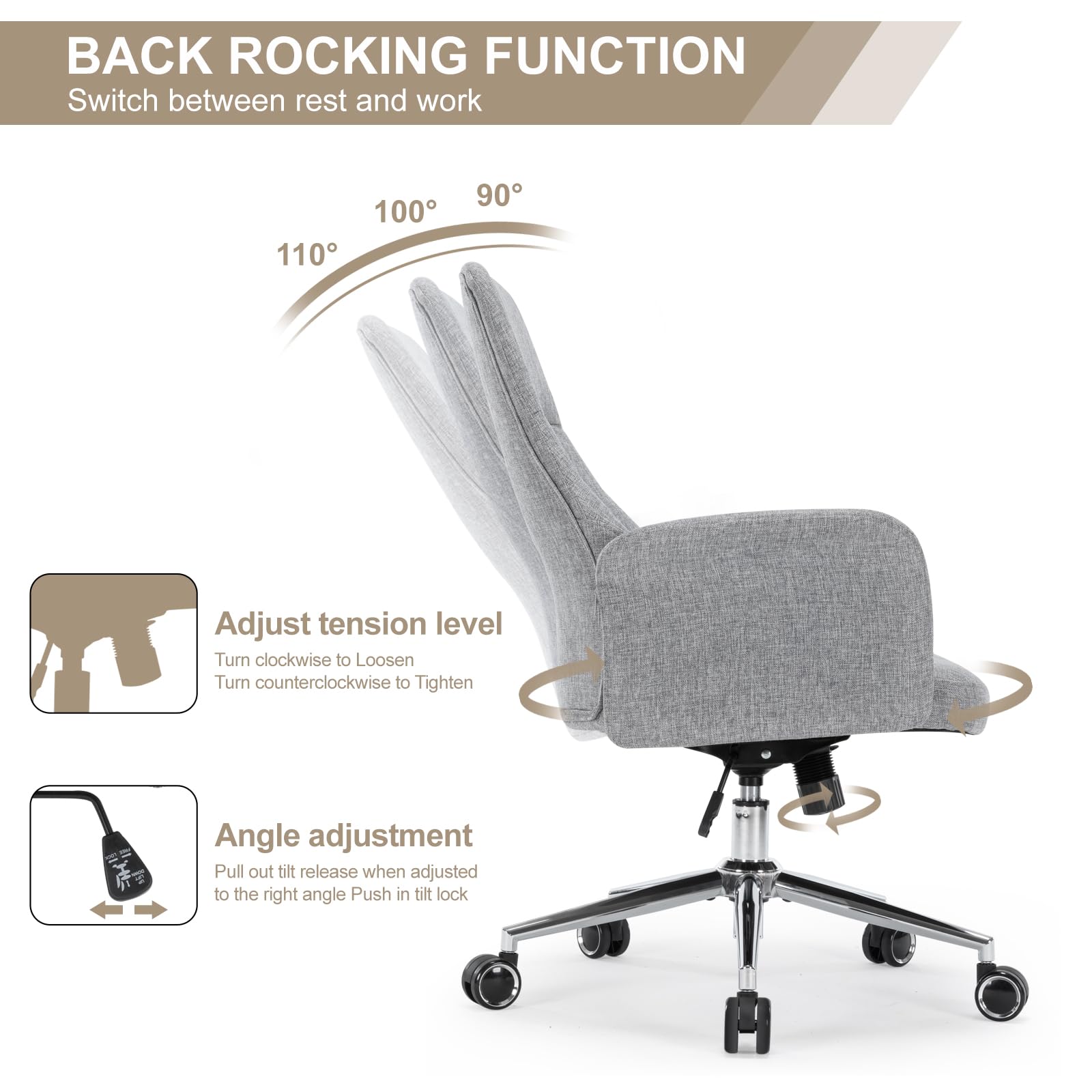 Home Office Chair, Modern High Back Accent Chair, Height Adjustable Task Chair, Computer Desk Chair with Silent Swivel Wheels, Linen Fabric Armchair for Living Room Bedroom, Gray, Grey, JX1665