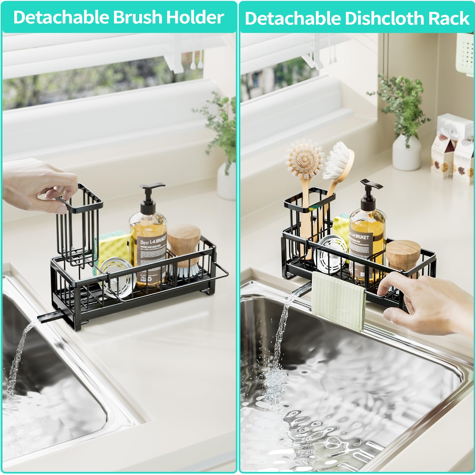 HapiRm Sponge Holder for Kitchen Sink - Self-draining Sink Caddy with Brush Holder and Dishcloth Holder, Stainless Steel Kitchen Sink Organizer for Countertop - Black