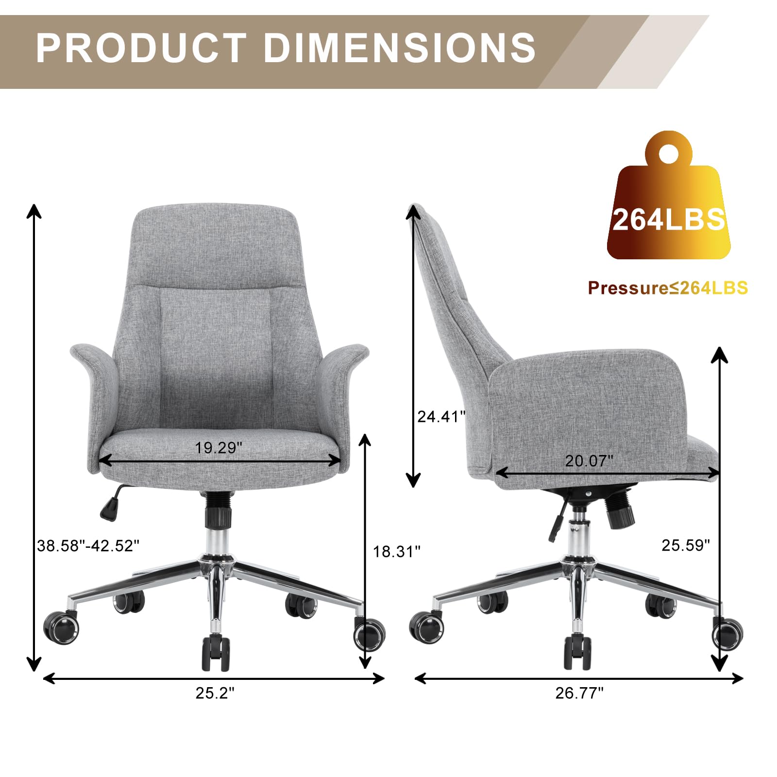 Home Office Chair, Modern High Back Accent Chair, Height Adjustable Task Chair, Computer Desk Chair with Silent Swivel Wheels, Linen Fabric Armchair for Living Room Bedroom, Gray, Grey, JX1665