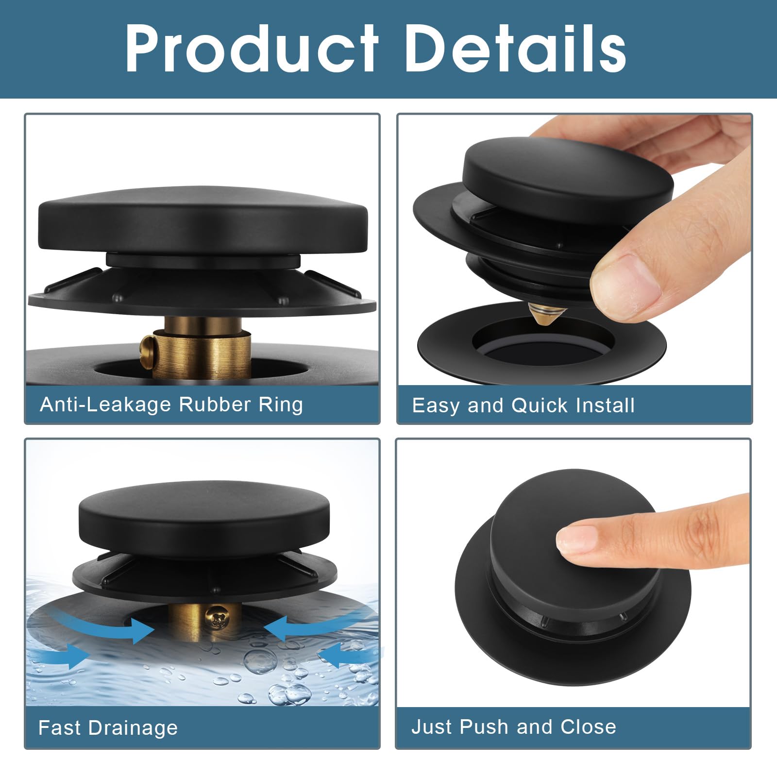 Bathtub Drain Stopper Universal Tip Toe Tub Stopper and Cover Pop Up Bath Drain Stopper Replaces Bath Tub Lift & Turn, Tip-Toe or Trip Lever Drains for Tub, EZ Install (Matt Black)