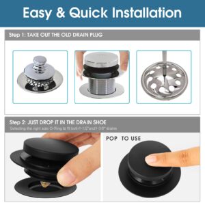 Bathtub Drain Stopper Universal Tip Toe Tub Stopper and Cover Pop Up Bath Drain Stopper Replaces Bath Tub Lift & Turn, Tip-Toe or Trip Lever Drains for Tub, EZ Install (Matt Black)