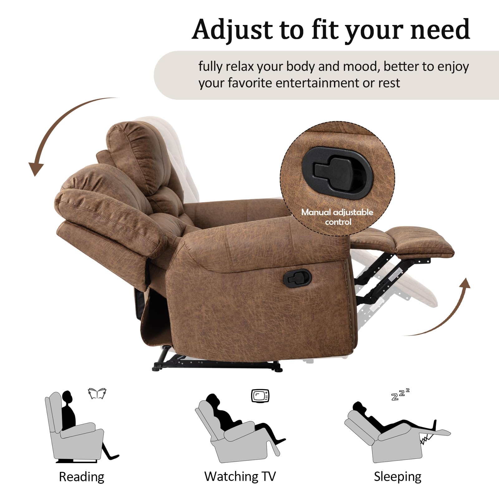 CANMOV Faux Leather Manual Reclining Sofa,3 Seat Recliner Couch Sofa with Overstuffed Comfortable Armrest and Backrest for Living Room, Office(Nut Brown, Sofa)