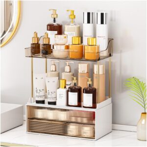 versatile 4-tier 2-drawer bathrooom organizer, makeup organizer, perfume organizer, bathroom counter organizer, vanity organizer, skincare organizers, bathroom organizers and storage, amber