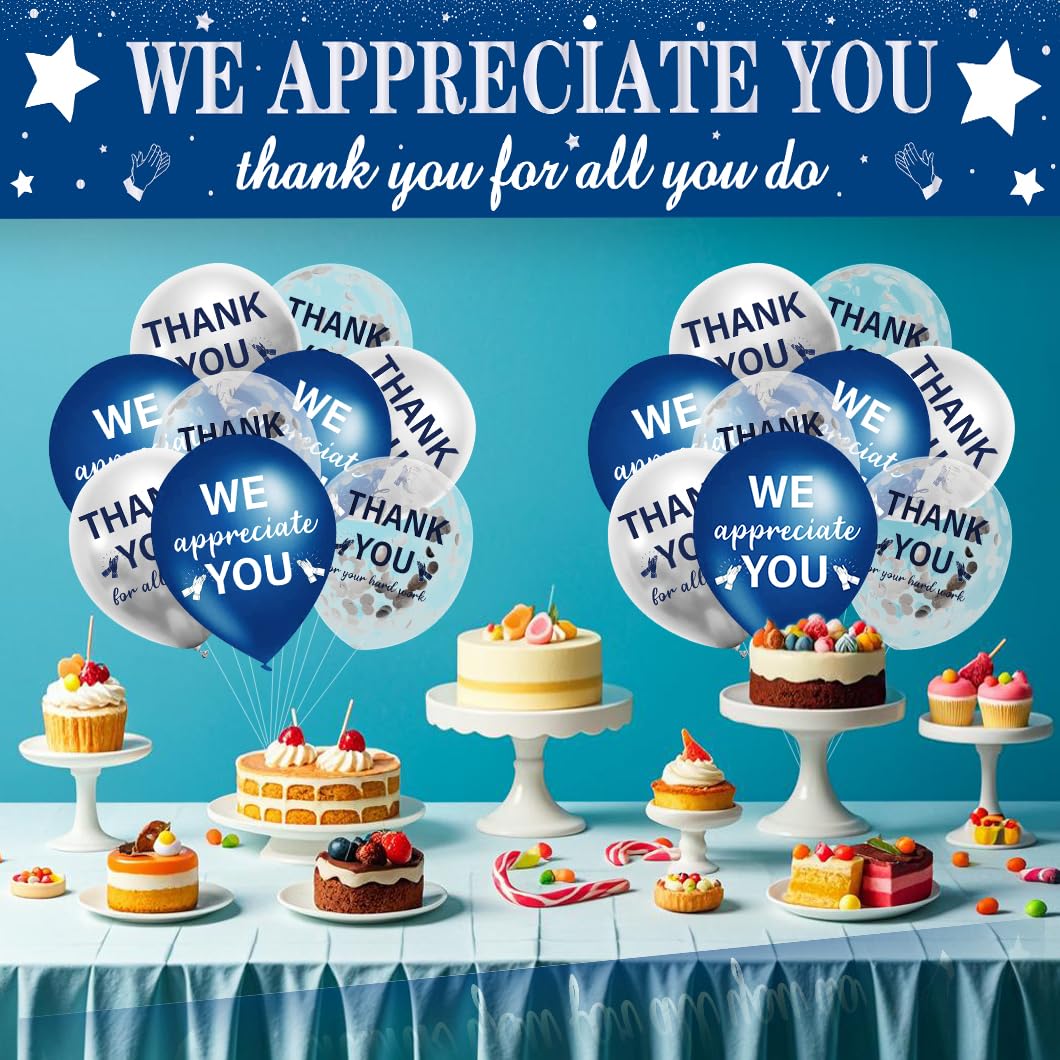 We Appreciate You Decorations Blue Silver Appreciate You Banner with 18 pcs Balloons Thank You Yard Sign for Teacher Employee Staff Poaster Doctors Nurse Volunteer Appreciation Week Party Decor