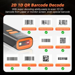 MUMUQ Wireless Barcode Scanner Mini Bluetooth 1D 2D QR Bar Code Scanner 3-in-1 Bluetooth & 2.4G & USB Wire Barcode Reader Compatible with Windows Android iOS Tablet PC (with Charging Dock)