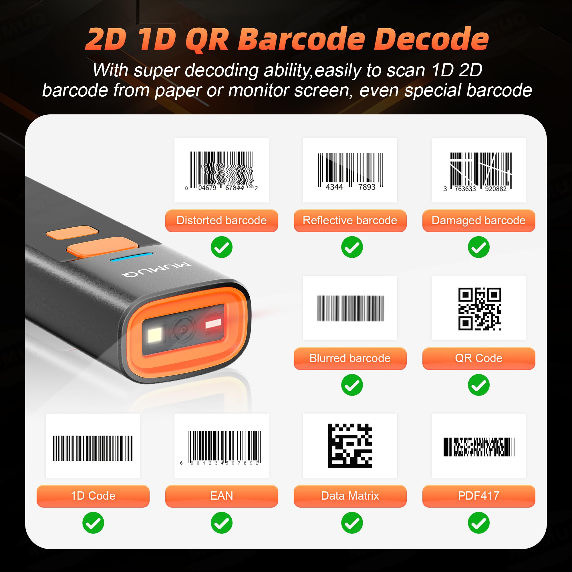 MUMUQ Wireless Barcode Scanner Mini Bluetooth 1D 2D QR Bar Code Scanner 3-in-1 Bluetooth & 2.4G & USB Wire Barcode Reader Compatible with Windows Android iOS Tablet PC (with Charging Dock)