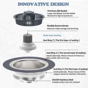 Upgraded 3 in 1 Kitchen Sink Drain Strainer & Stopper Kit, SUS304 Stainless Steel Pop-up Kitchen Drain Stopper with Strainer Basket, Fast Drainage Kitchen Sink Plug for Standard 3-1/2 Inch Drain