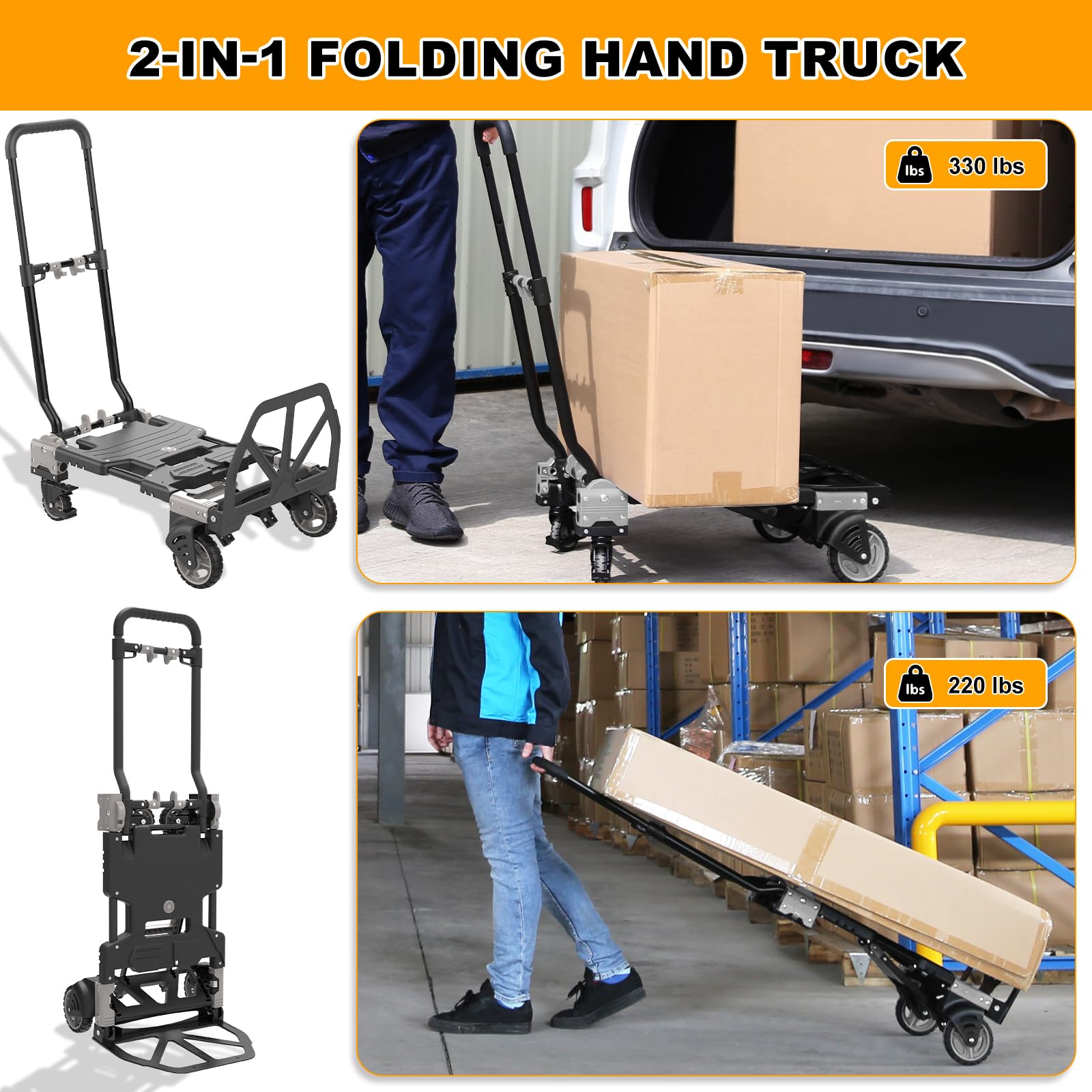 2-1 Folding Hand Truck Dolly with 2 Pcs Shopping Basket, 330LB Heavy Duty Carrying with 4 Wheels Foldable, Retractable Handle Collapsible Cart, Include 2 Bungee Cords, for Moving, Luggage, Office