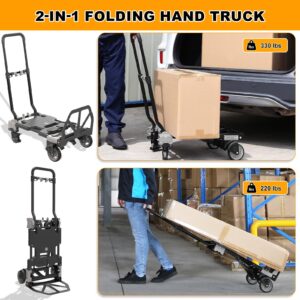 2 in 1 Folding Hand Truck Dolly, 330LB Heavy Duty Carrying with 4 Wheels Foldable, Portable Dolly with Retractable Handle, Include 2 Bungee Cords, for Moving, Luggage, Office