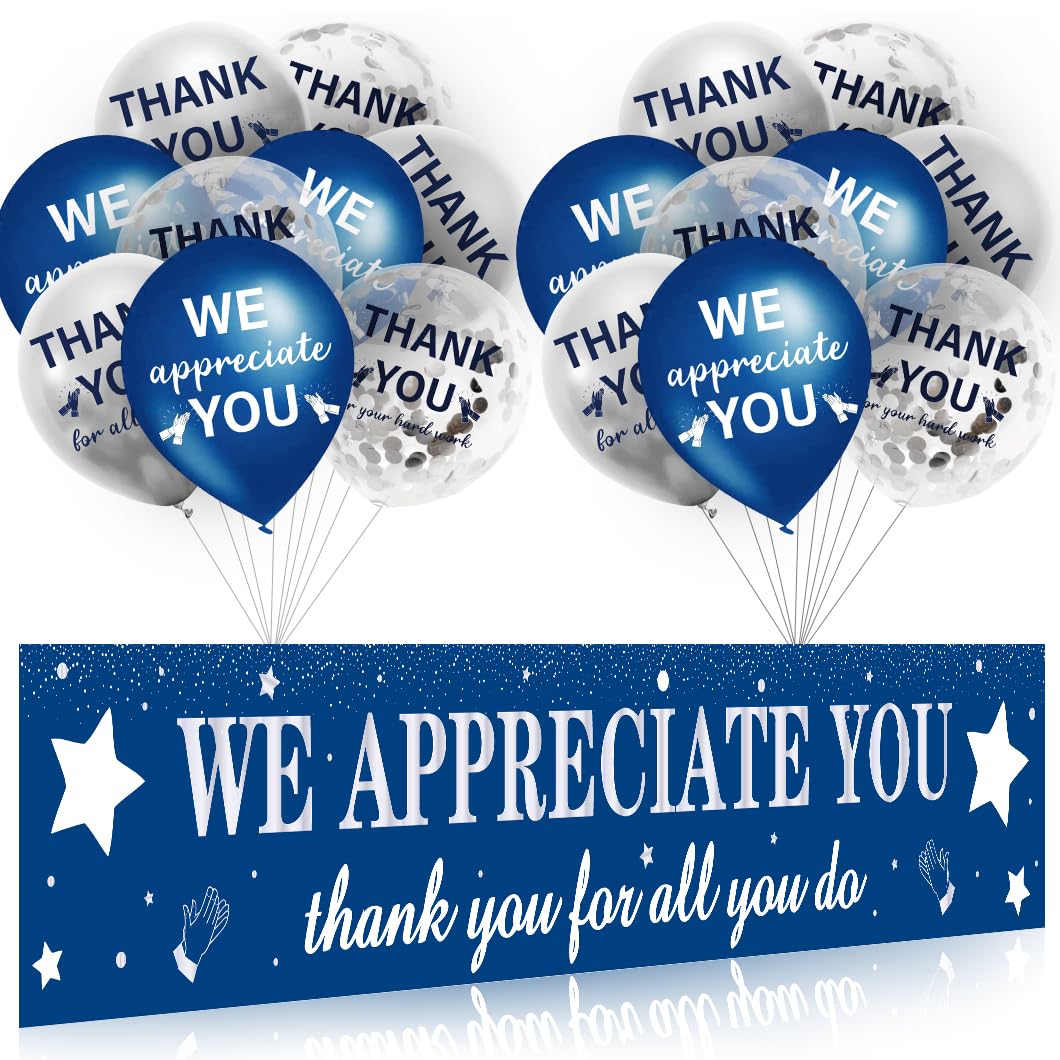 We Appreciate You Decorations Blue Silver Appreciate You Banner with 18 pcs Balloons Thank You Yard Sign for Teacher Employee Staff Poaster Doctors Nurse Volunteer Appreciation Week Party Decor