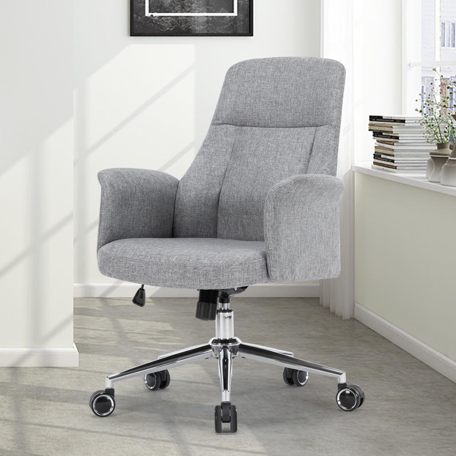 Home Office Chair, Modern High Back Accent Chair, Height Adjustable Task Chair, Computer Desk Chair with Silent Swivel Wheels, Linen Fabric Armchair for Living Room Bedroom, Gray, Grey, JX1665