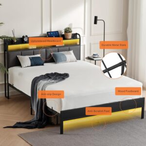 Z-hom Upholstered Twin Bed Frames, Upgraded Metal Bed Frame with LED Lights Headboard & Footboard, Bed Furniture with Charging Station Ports & Storage Shelves, Easy Assembly Bed Frame, Noise Free