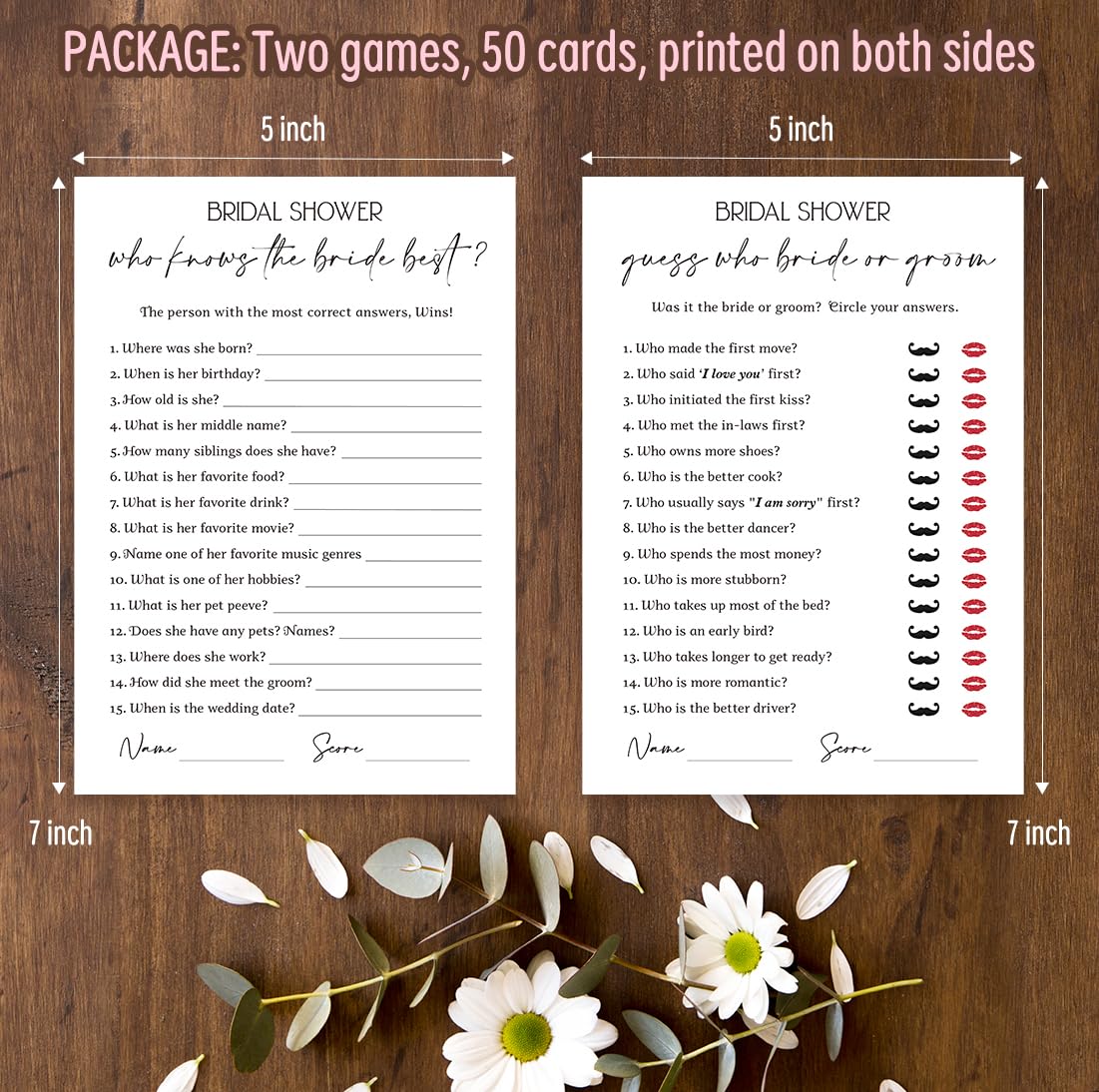 Minimalism Bridal Shower Game Cards, Wedding Shower Game Cards for 50 Guests, Double-Sided Game Cards, Who Knows The Bride Best Game and Guess Who Bride or Groom Game(xnbs05)