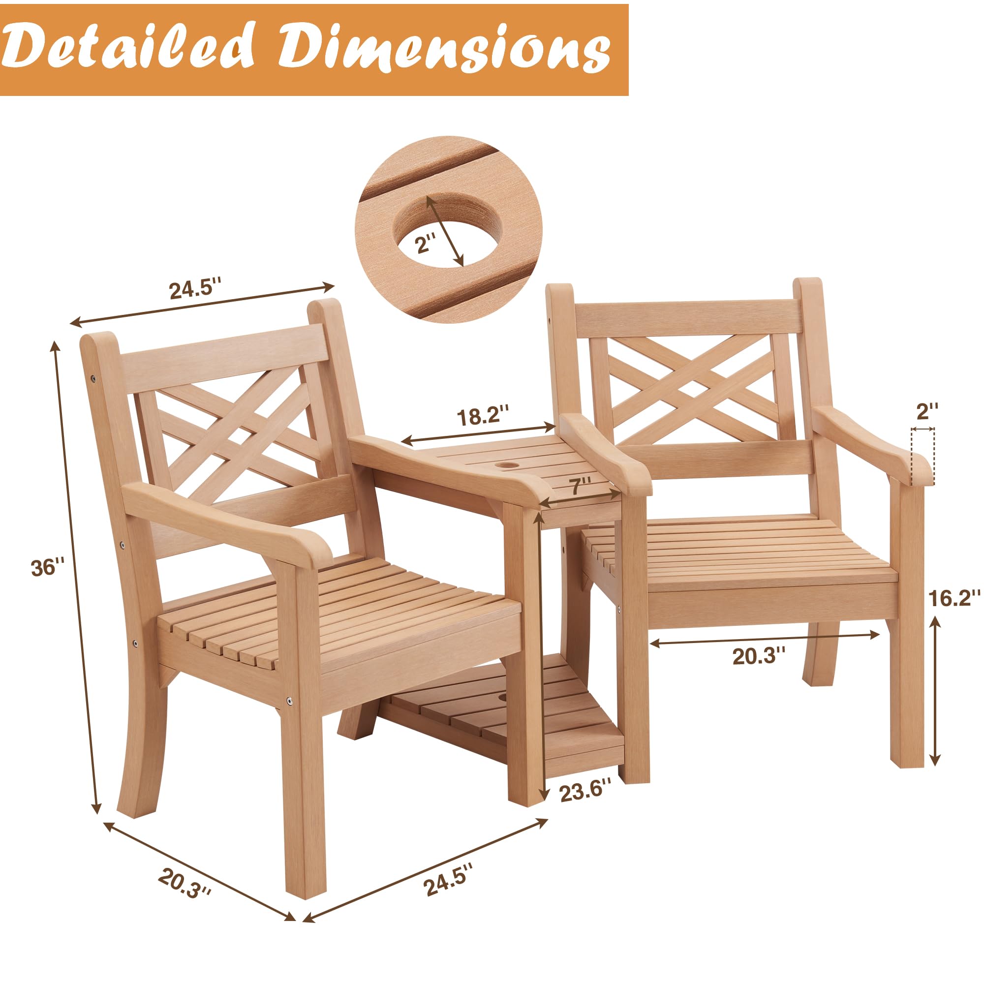 Psilvam Patio Furniture, All-Weather Poly Lumber Outdoor Loveseat, 2-Seater Outdoor Chair with Center Table & Umbrella Hole, Waterproof Accent Chairs Suitable for Lawn, Garden, Terrace (Teak Color)