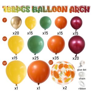 182 Pcs Fall Balloon Garland Arch Kit, Burnt Orange Wine Red Sage Green Mustard Yellow Metallic Gold Balloons Garland Kit for Thanksgiving Autumn Fall Birthday Baby Shower Party Decorations