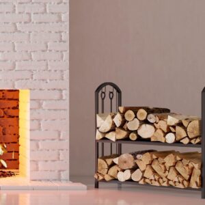 Fire Beauty Fireplace Firewood Log Rack 5-Piece Storage Logs Holder with Tools Set with 4 Tools Set Fireside Holders Wood Lumber Storage Stacking Black