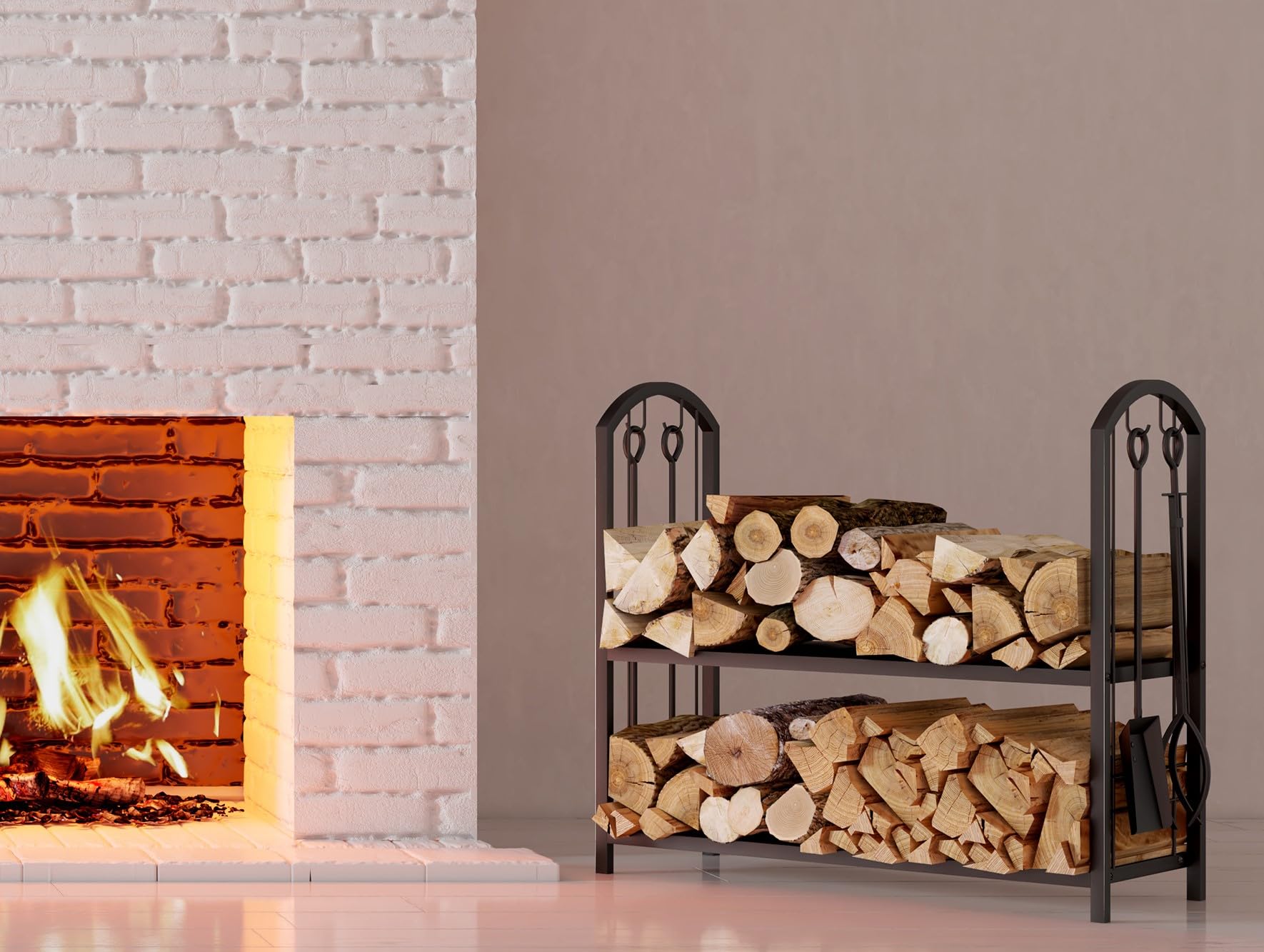 Fire Beauty Fireplace Firewood Log Rack 5-Piece Storage Logs Holder with Tools Set with 4 Tools Set Fireside Holders Wood Lumber Storage Stacking Black