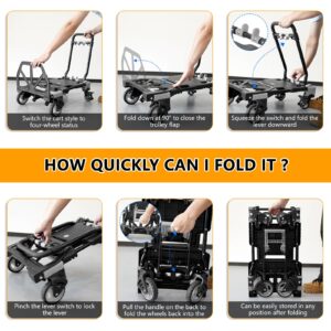 2-1 Folding Hand Truck Dolly with Shopping Basket, 330LB Heavy Duty Carrying with 4 Wheels Foldable, Retractable Handle Collapsible Cart, Include 2 Bungee Cords, for Moving, Luggage, Office