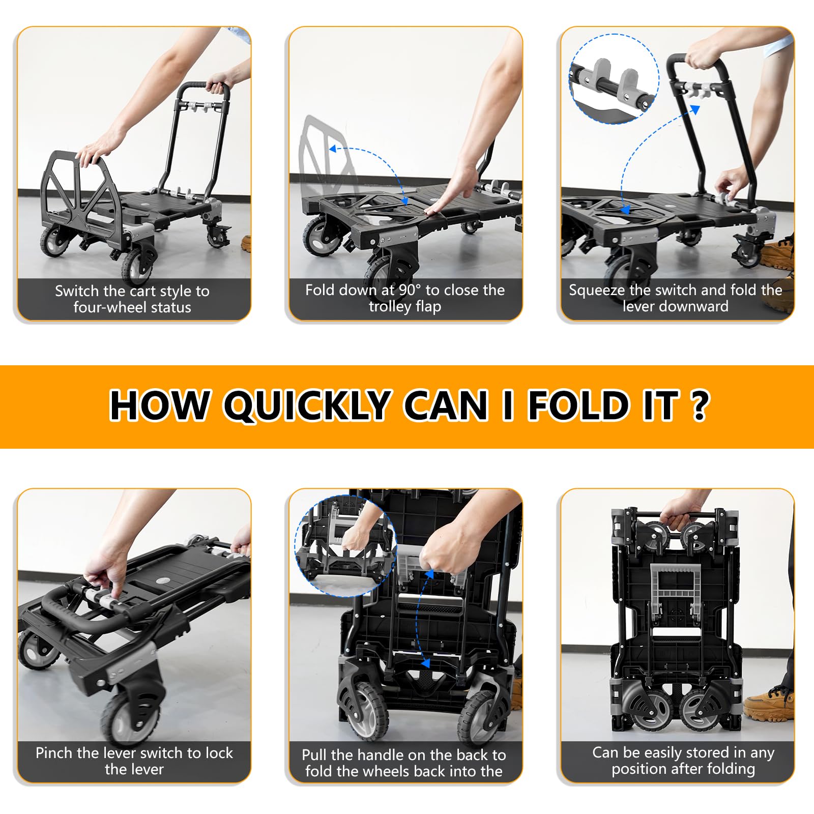 2 in 1 Folding Hand Truck Dolly, 330LB Heavy Duty Carrying with 4 Wheels Foldable, Portable Dolly with Retractable Handle, Include 2 Bungee Cords, for Moving, Luggage, Office