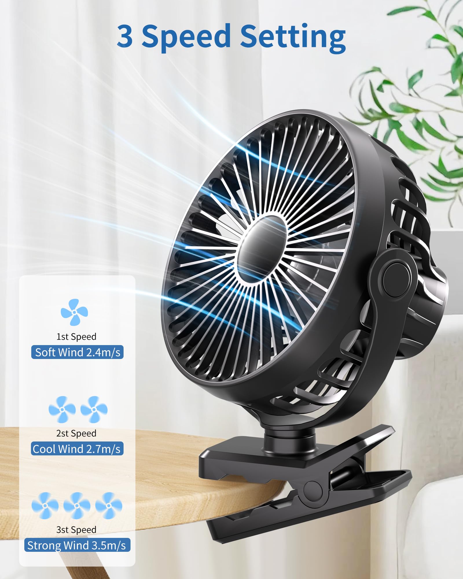 Portable Clip on Fan, Small Powerful Wind Cooling Desk Fan, 3 Speed Quiet Personal Fan with Clip, 360° Rotatable Battery Operated Rechargeable Mini Table Fan for Home Office Stroller Travel Camping