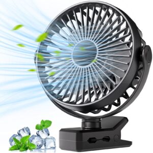 portable clip on fan, small powerful wind cooling desk fan, 3 speed quiet personal fan with clip, 360° rotatable battery operated rechargeable mini table fan for home office stroller travel camping