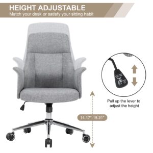 Home Office Chair, Modern High Back Accent Chair, Height Adjustable Task Chair, Computer Desk Chair with Silent Swivel Wheels, Linen Fabric Armchair for Living Room Bedroom, Gray, Grey, JX1665