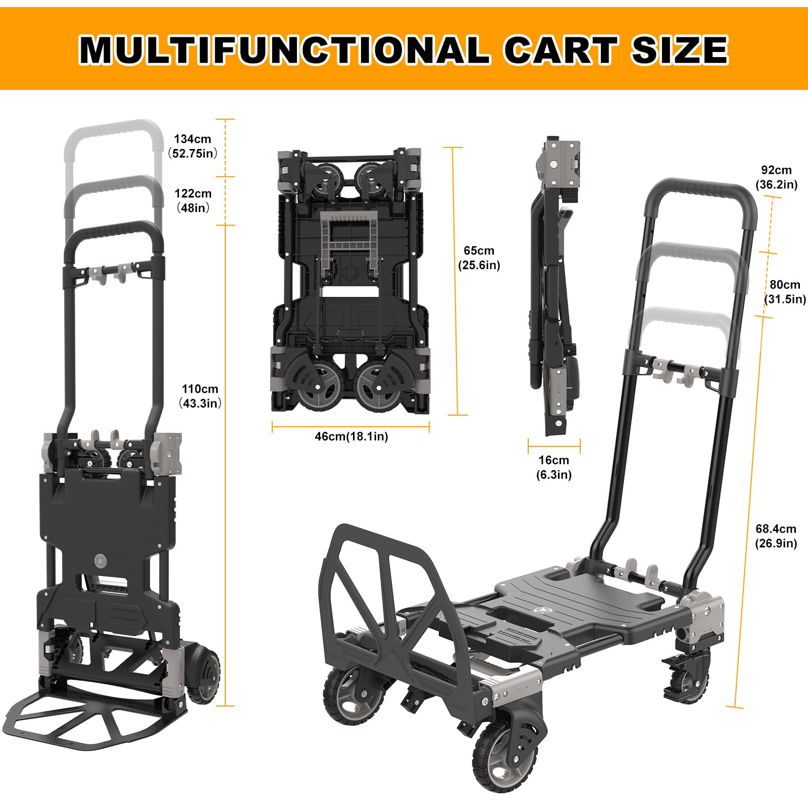 2 in 1 Folding Hand Truck Dolly, 330LB Heavy Duty Carrying with 4 Wheels Foldable, Portable Dolly with Retractable Handle, Include 2 Bungee Cords, for Moving, Luggage, Office