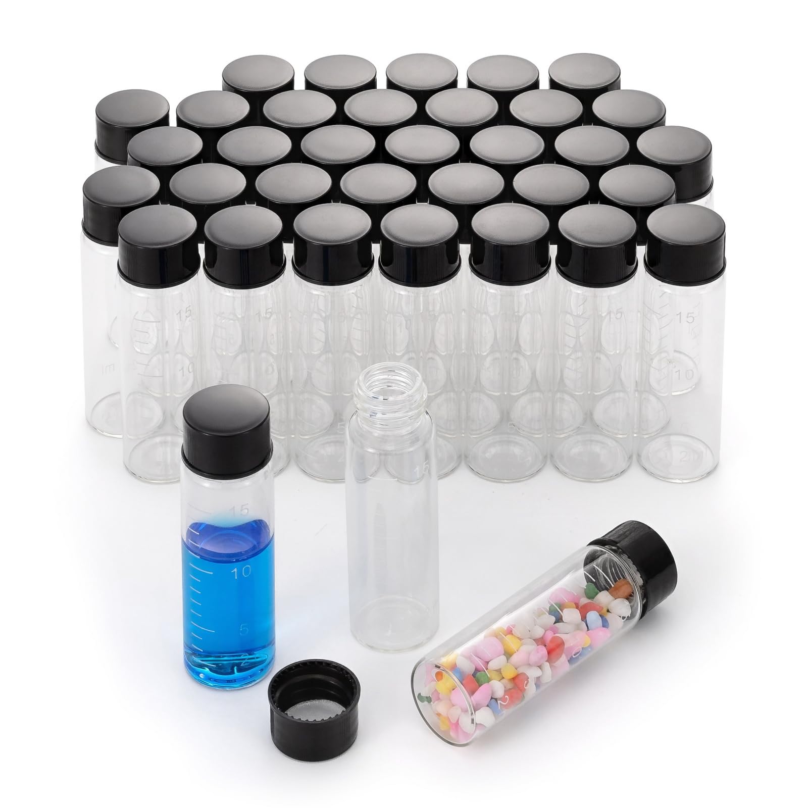 Njvial 36Pcs 15ml(1/2oz) Small Glass Vials with Lids and Scale Lab Sample Vials Empty Refillable Perfume Travel Mini Glass Graduated Measuring Bottles with Screw Caps for Essential Oils