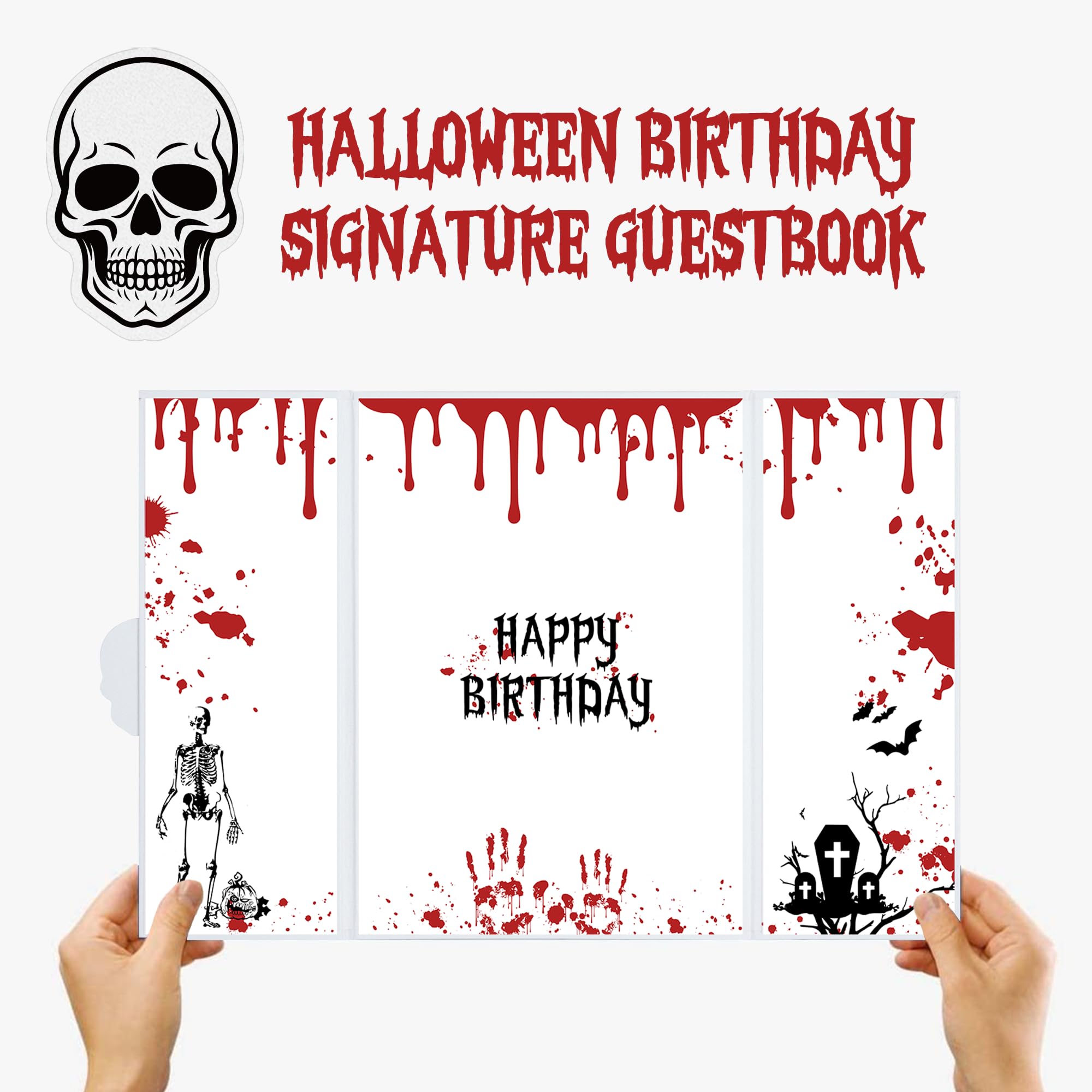 DARUNAXY Halloween Birthday Party Decorations, Red Halloween Happy Birthday Alternative Signature Guest Book Birthday Gifts on Halloween Skull Ghost Birthday Signing Card Party Supply Day of The Dead