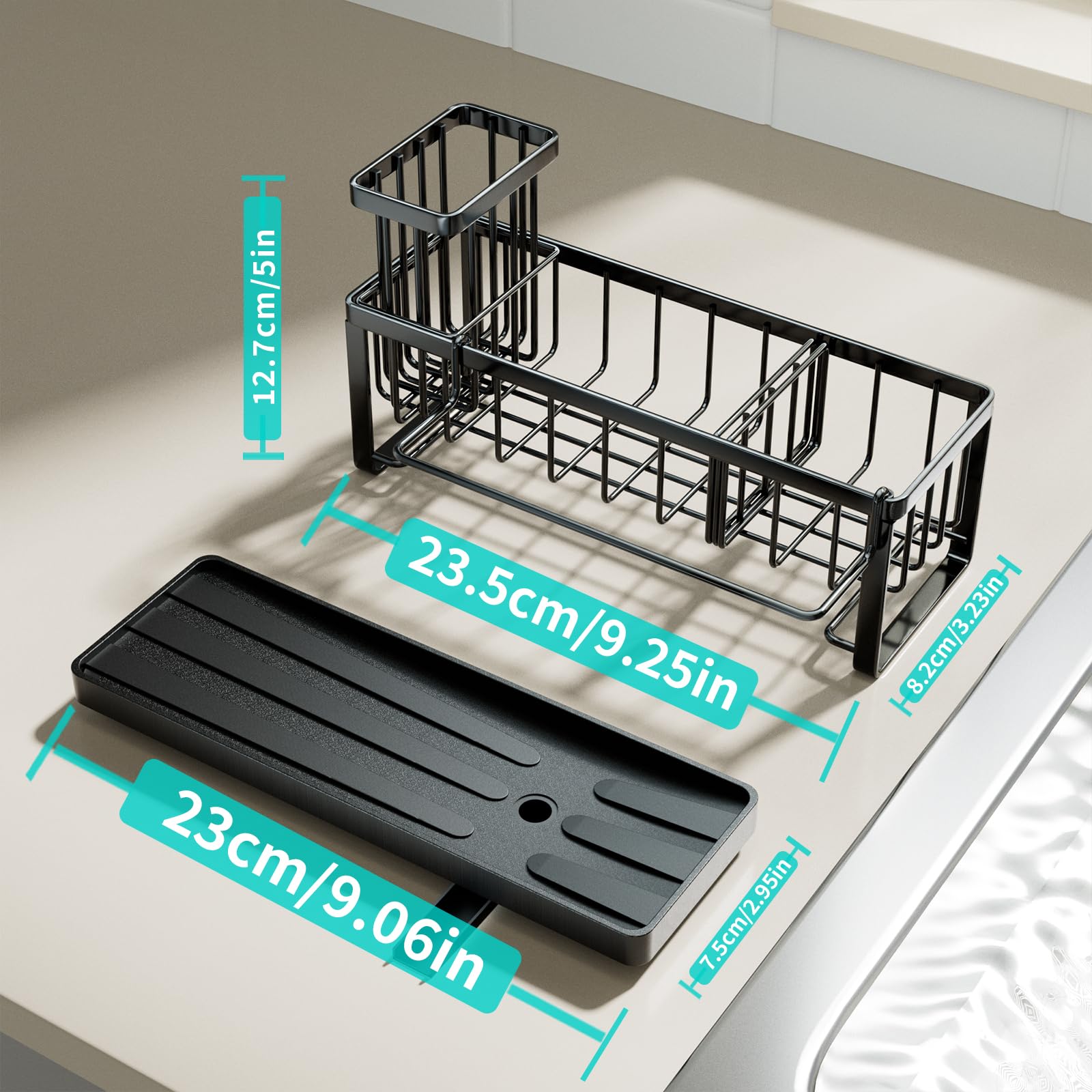 HapiRm Sponge Holder for Kitchen Sink - Self-draining Sink Caddy with Brush Holder and Dishcloth Holder, Stainless Steel Kitchen Sink Organizer for Countertop - Black