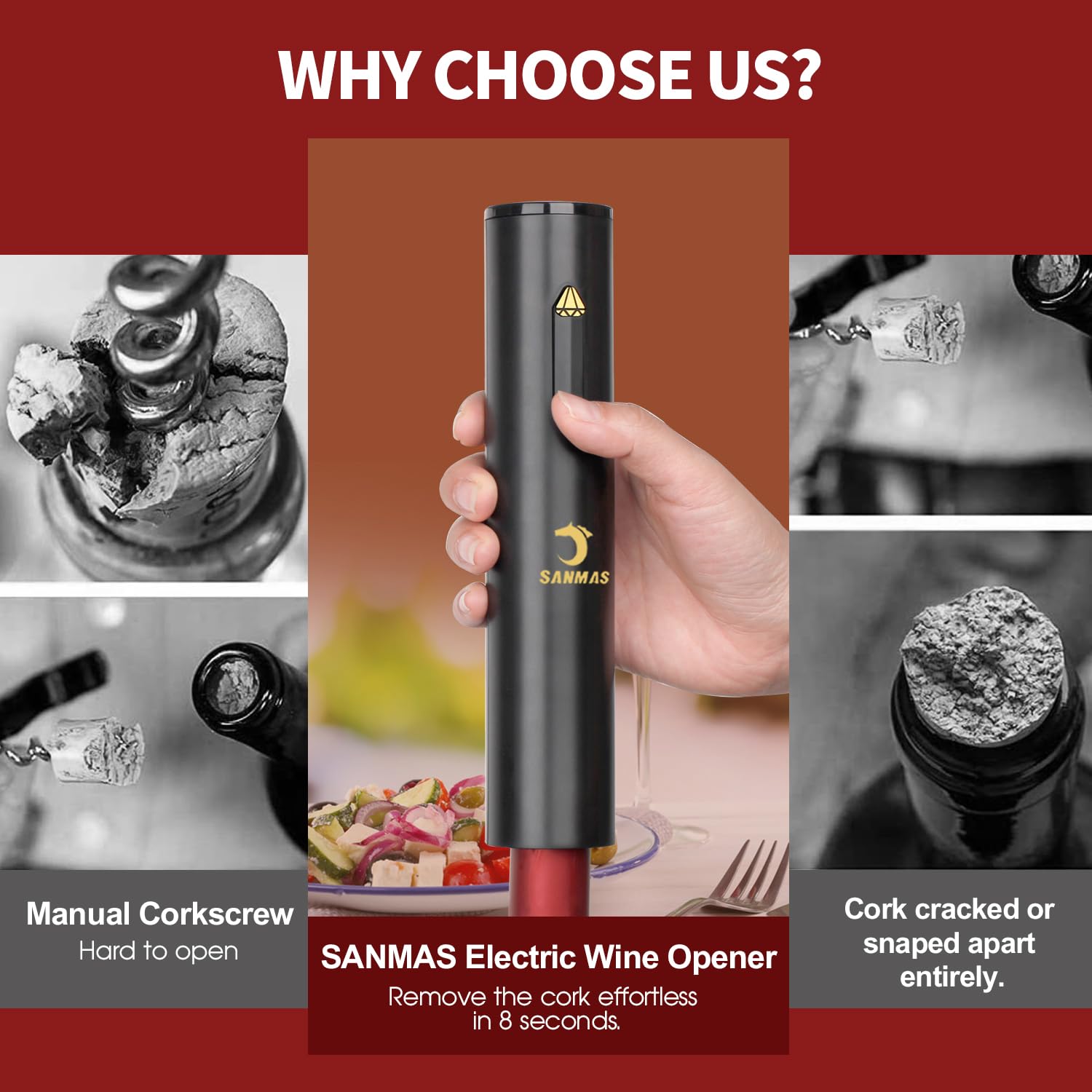 SANMAS Electric Wine Opener, Automatic Wine Bottle Openers Set with Foil Cutter, Battery Operated Cordless Wine Corkscrew for Wine Lovers Gift