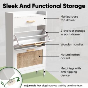 CleverHome Wood Hidden Shoe Rack - Narrow Shoe Cabinet with Drawer, 2 Tilting Shoe Organizer & Shelf - Rattan Shoe Storage Cabinet for Entryway, Nonslip Shoe Dresser- Bundle Below w/Improved Screws