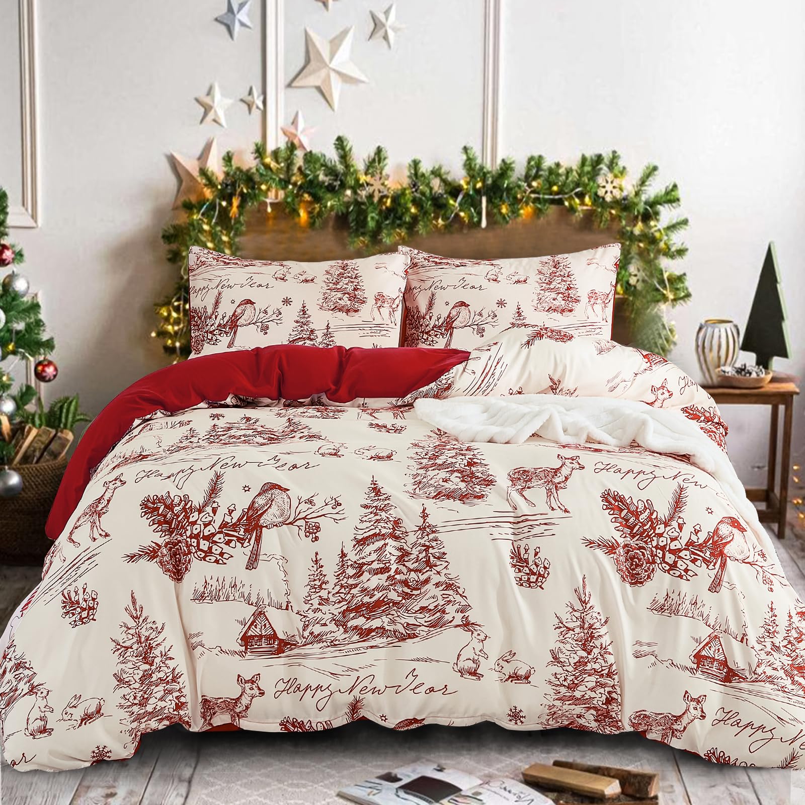 Christmas Duvet Cover Queen Size, 3PCs Red Village Christmas Bedding Set, Holiday Decor Soft Microfiber Duvet Cover and 2 Pillowcases with Zipper Closure for Kids Teens Adults (90"x90")