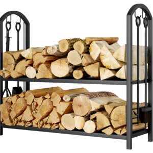 Fire Beauty Fireplace Firewood Log Rack 5-Piece Storage Logs Holder with Tools Set with 4 Tools Set Fireside Holders Wood Lumber Storage Stacking Black