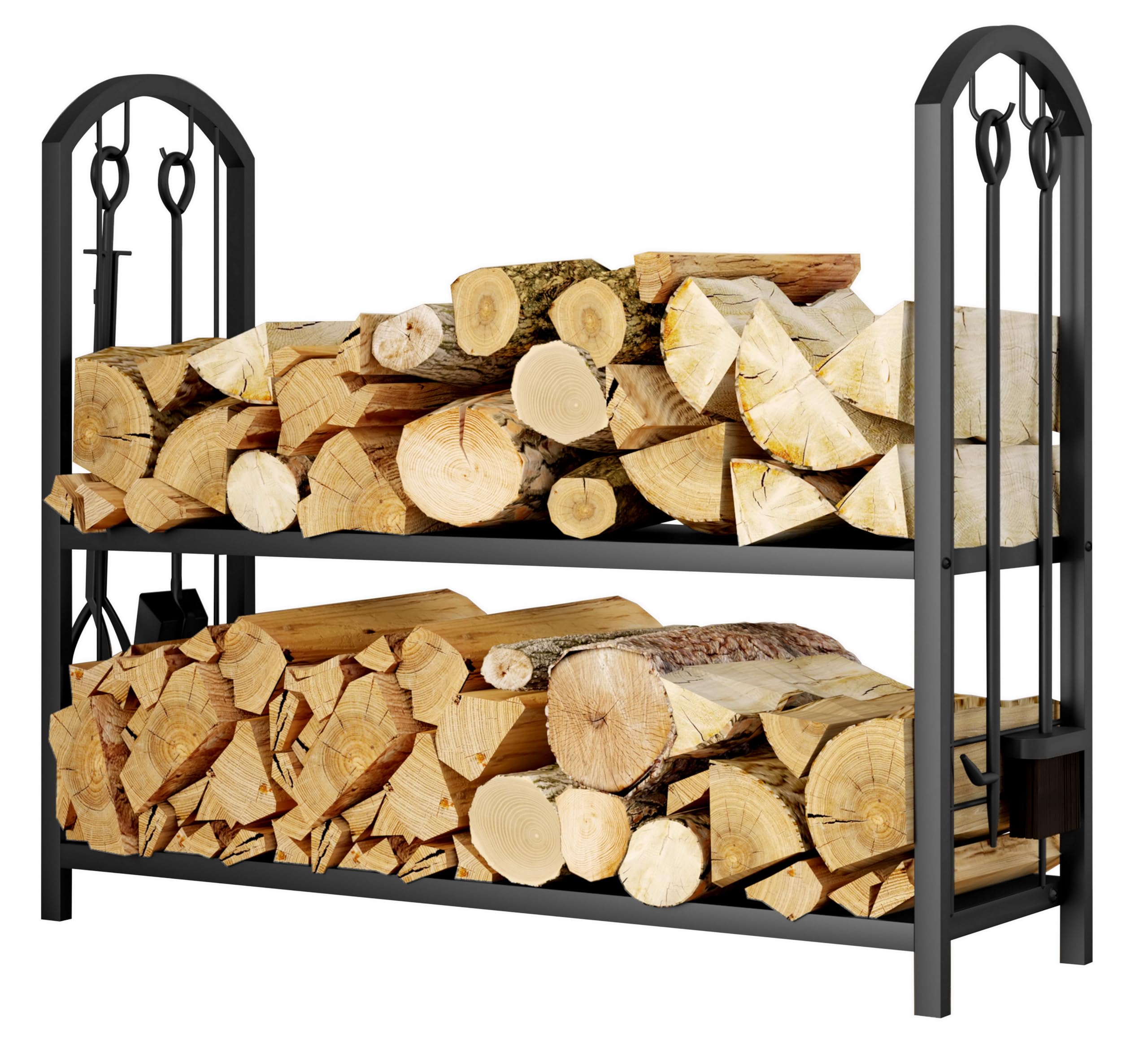 Fire Beauty Fireplace Firewood Log Rack 5-Piece Storage Logs Holder with Tools Set with 4 Tools Set Fireside Holders Wood Lumber Storage Stacking Black