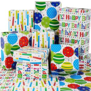 bolianne birthday wrapping paper for boys girls kids men women - gift wrapping paper with balloon 'happy birthday' candles, 6 large sheets gift wrap for holiday party, folded flat, 27 x 37 inch