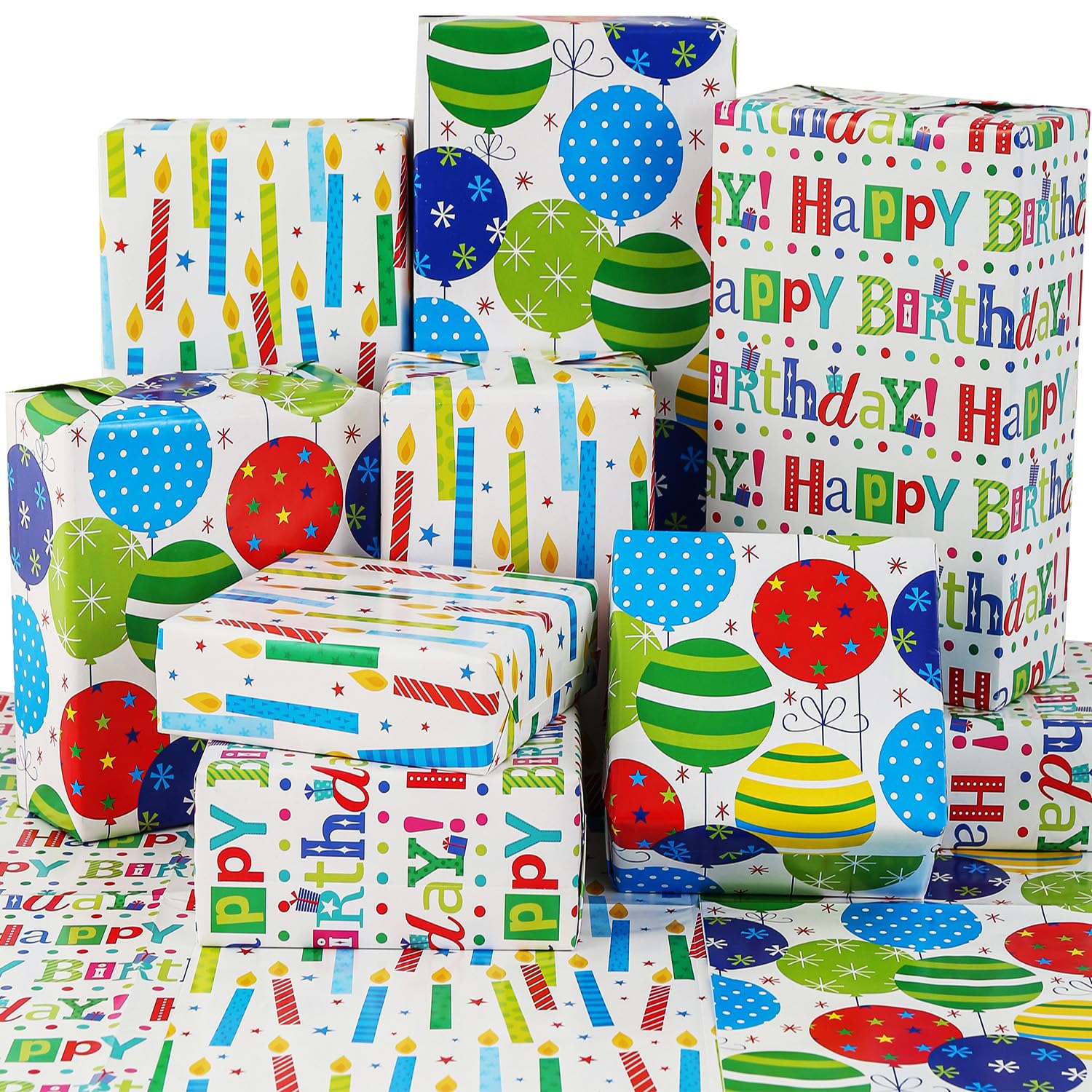 BOLIANNE Birthday Wrapping Paper for Boys Girls Kids Men Women - Gift Wrapping Paper with Balloon 'Happy Birthday' Candles, 6 Large Sheets Gift Wrap for Holiday Party, Folded Flat, 27 X 37 Inch