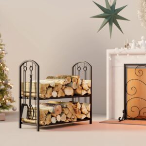 Fire Beauty Fireplace Firewood Log Rack 5-Piece Storage Logs Holder with Tools Set with 4 Tools Set Fireside Holders Wood Lumber Storage Stacking Black