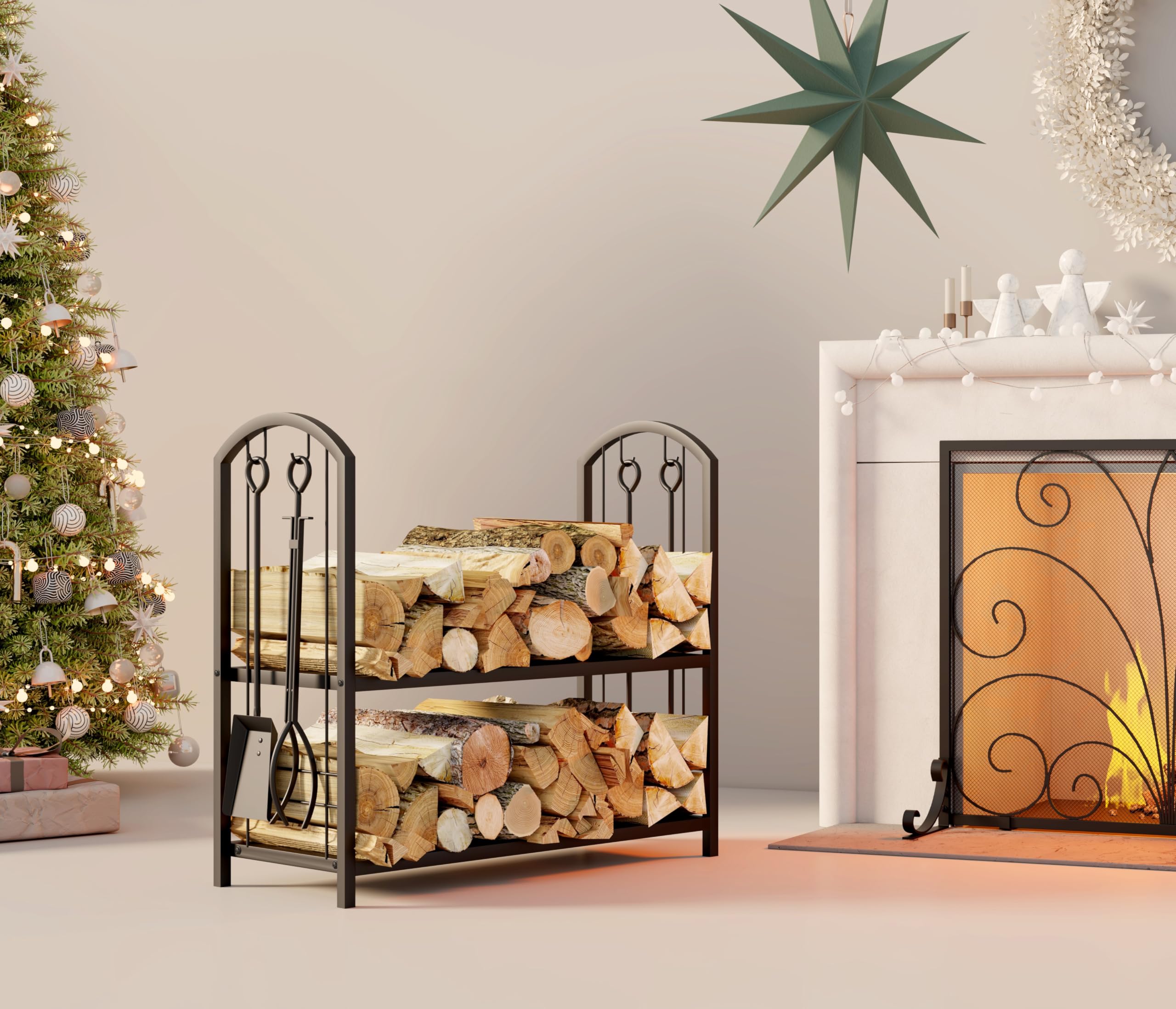 Fire Beauty Fireplace Firewood Log Rack 5-Piece Storage Logs Holder with Tools Set with 4 Tools Set Fireside Holders Wood Lumber Storage Stacking Black