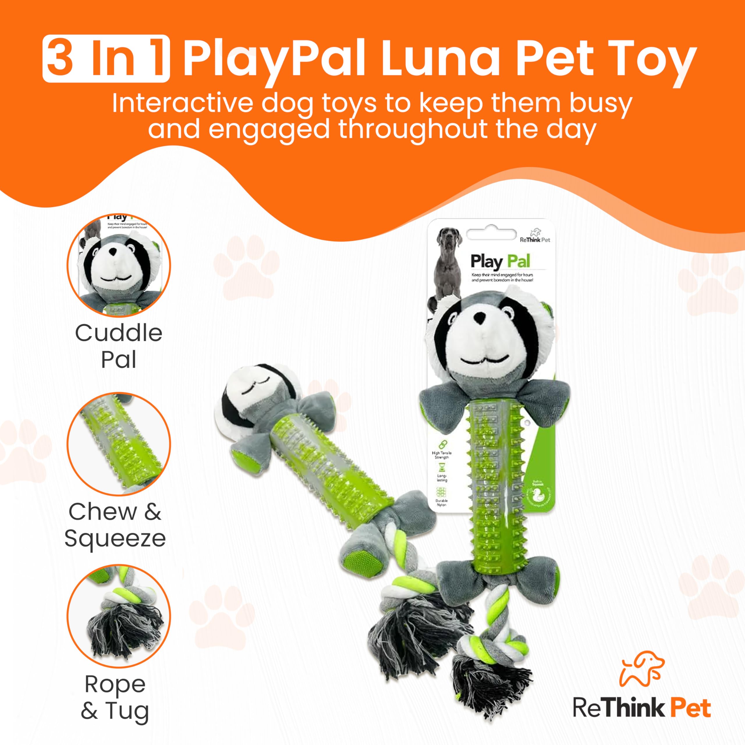 ReThink Pet PlayPal 3-in-1 Squeaky Dog Toy, Tug & Chew Plush Dog Chew Toys, High Tensile Strength Recyclable Puppy Teething Toys, Long-Lasting and Durable Dog Toys