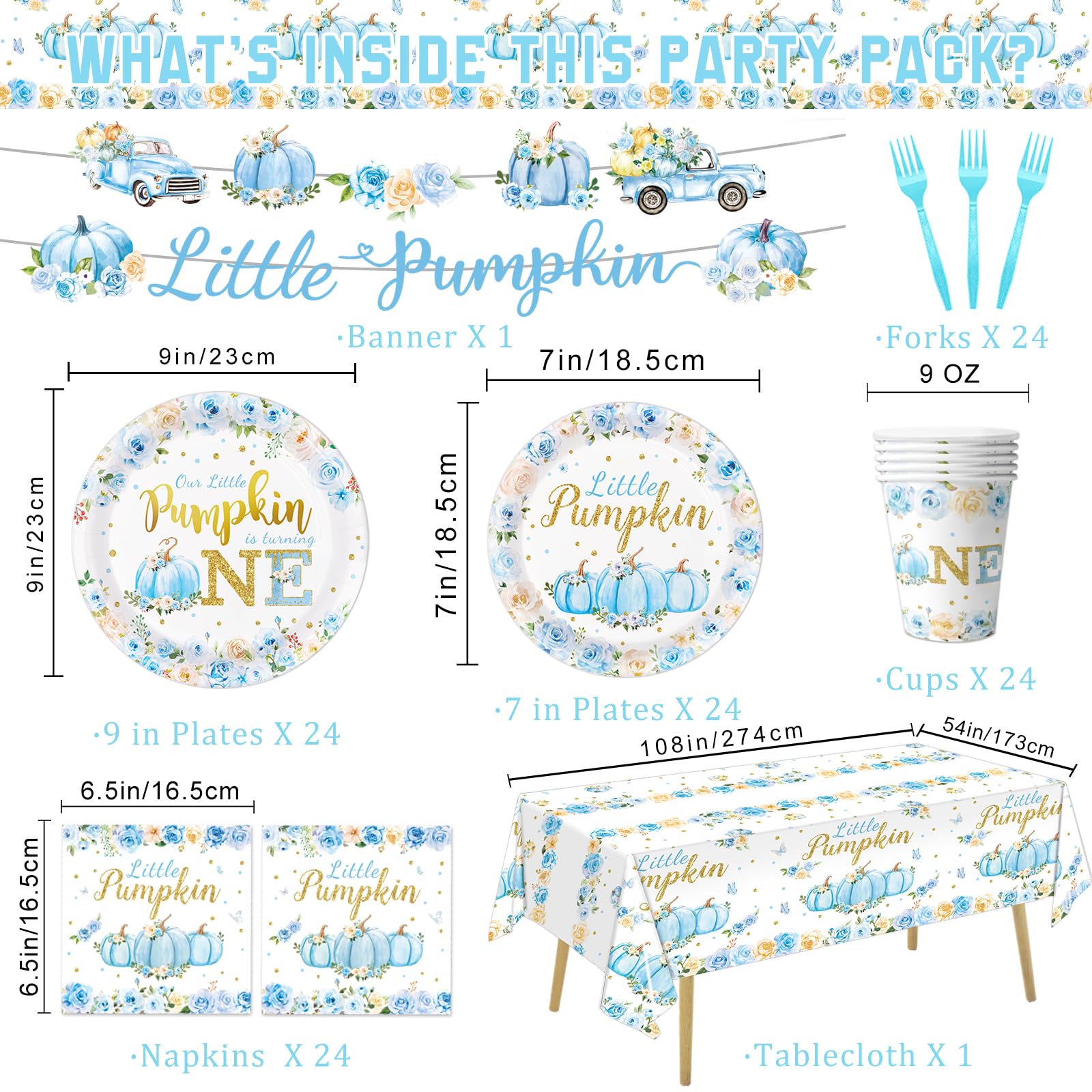 Little Pumpkin First Birthday Decorations - Little Pumpkin is Turning One Decorations Set Includes Plates, Napkins, Cups, Forks, Tablecloth, Banner fo Boy Pumpkin Birthday Decorations, Serves 24