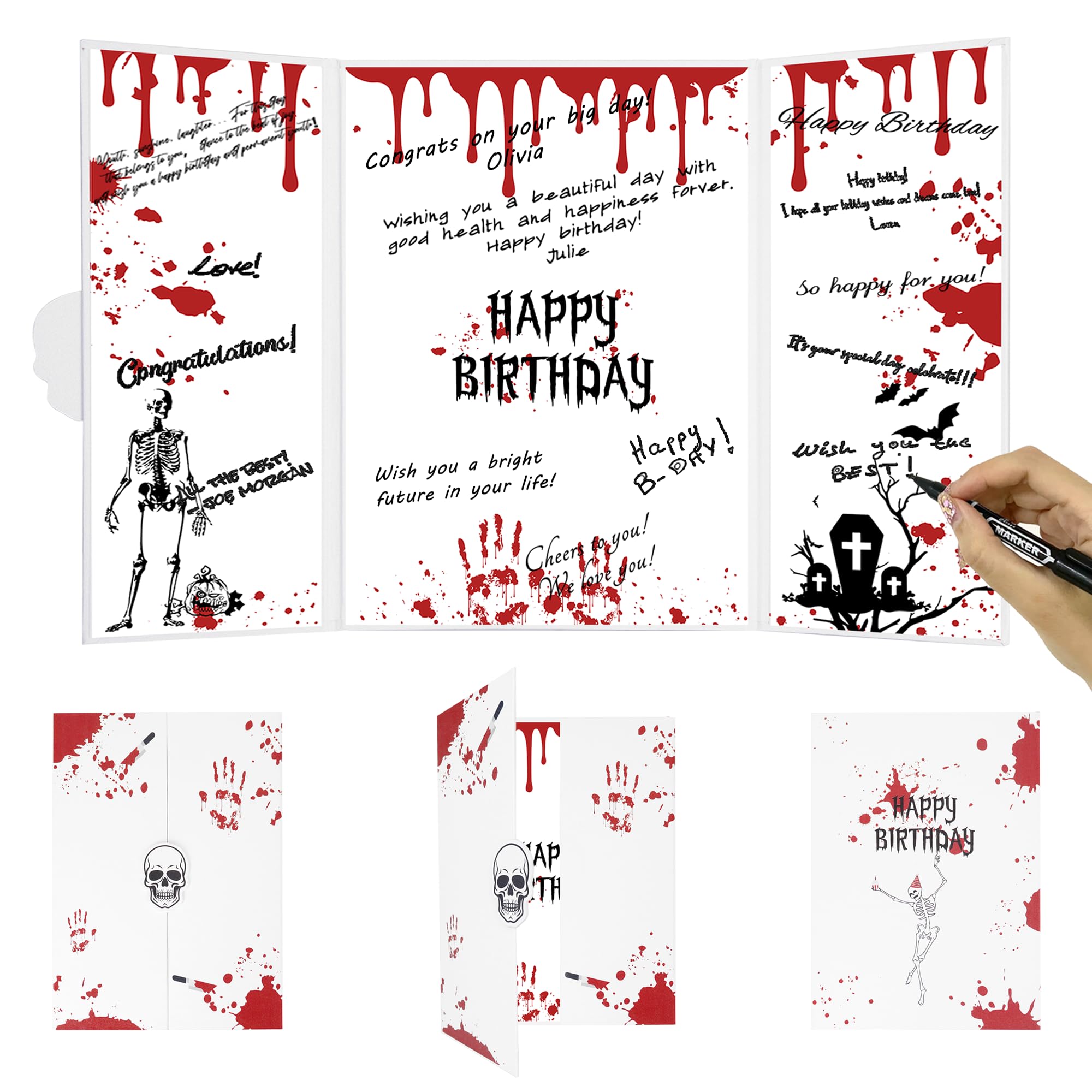 DARUNAXY Halloween Birthday Party Decorations, Red Halloween Happy Birthday Alternative Signature Guest Book Birthday Gifts on Halloween Skull Ghost Birthday Signing Card Party Supply Day of The Dead