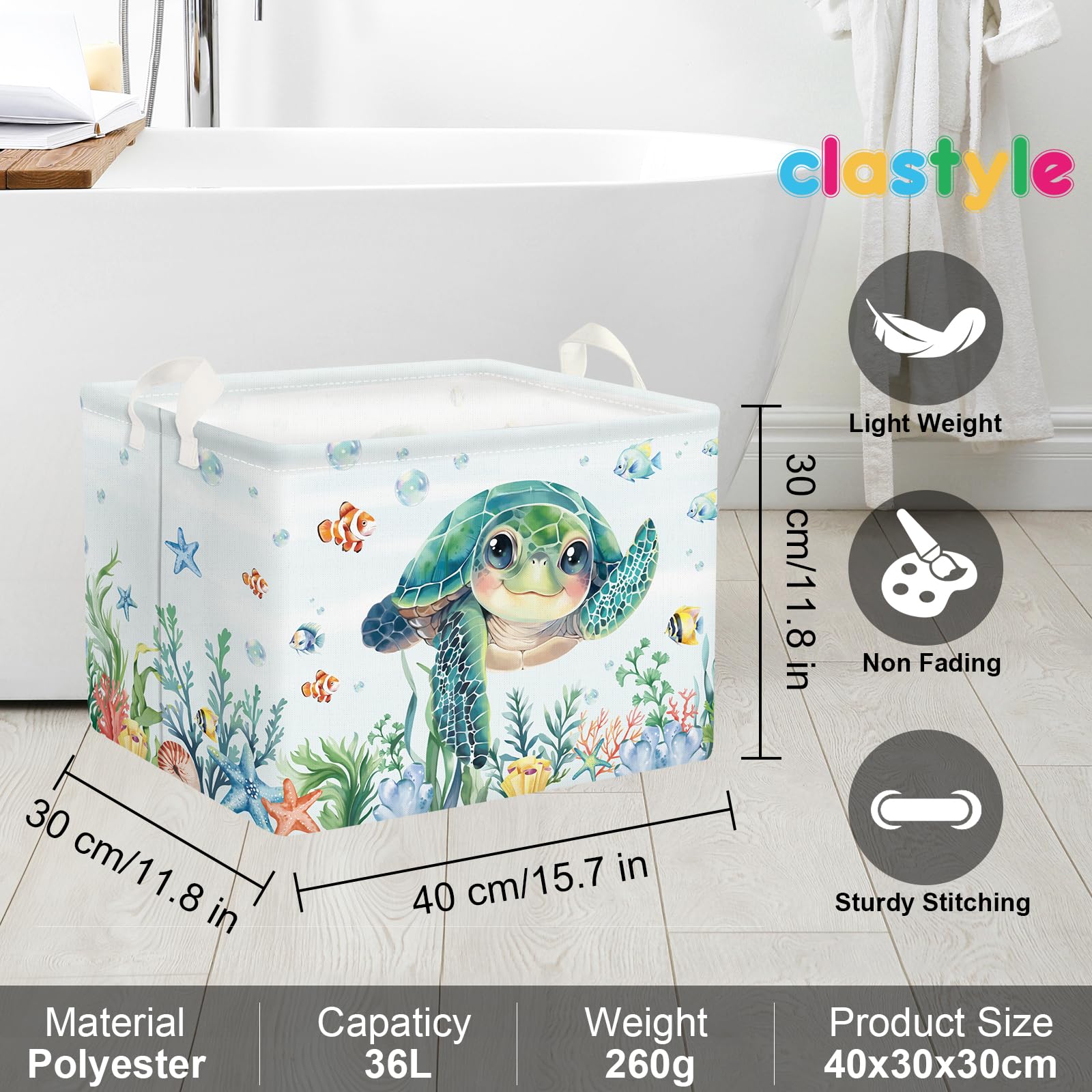 Clastyle 36L Fish Sea Turtle Baby Basket Ocean Coral Seaweed Starfish Toy Book Shelf Basket Waterproof Pool Toy Beach Towel Storage Bin Large Rectangle Collapsible Dirty Clothes Basket