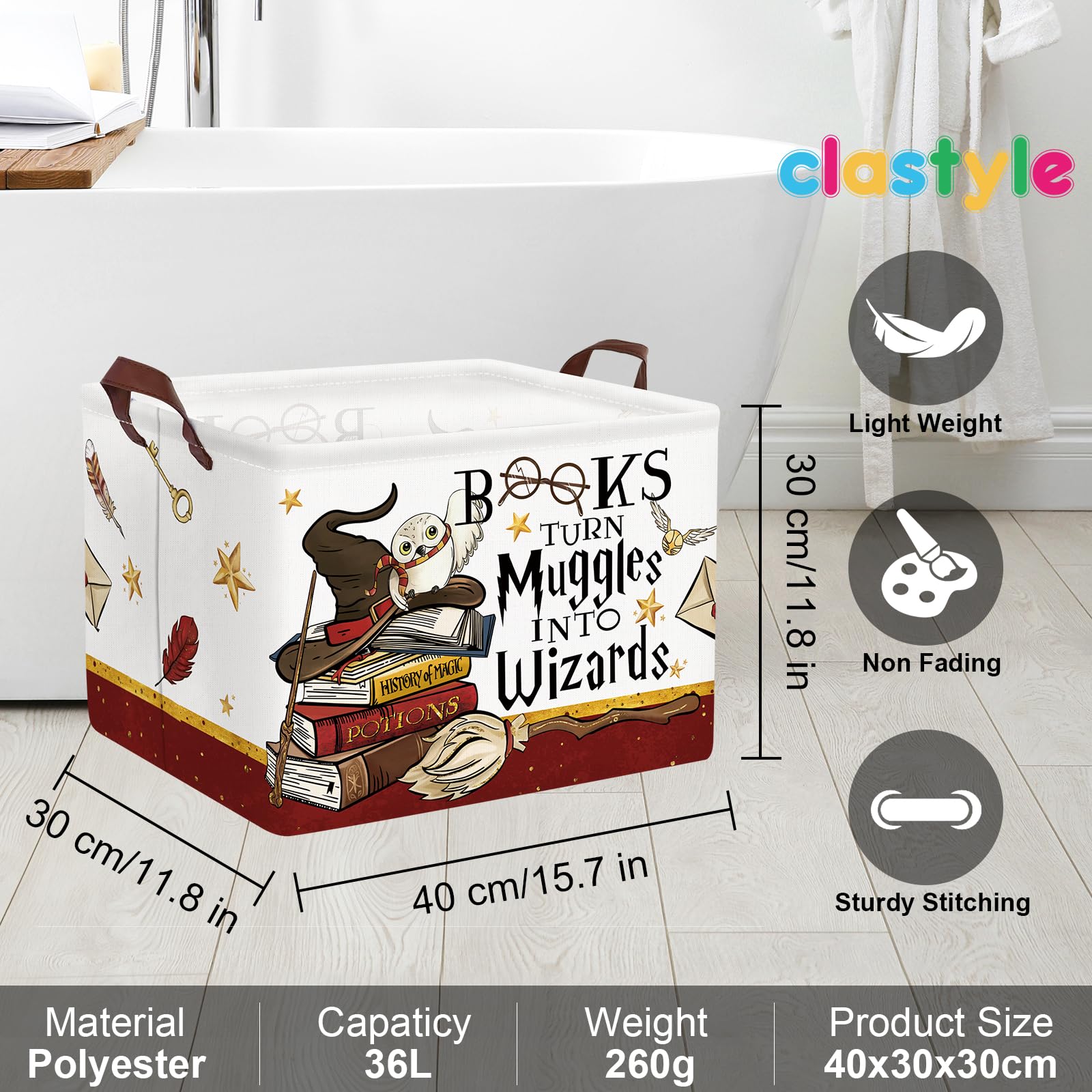 Clastyle Magic Nursery Decor Baby Basket Large Brown Feather Wand Hat Basket Broomstick Owl Kid Gift Book Shelf Basket Collapsible Clothes Basket Rectangle Toy Chest