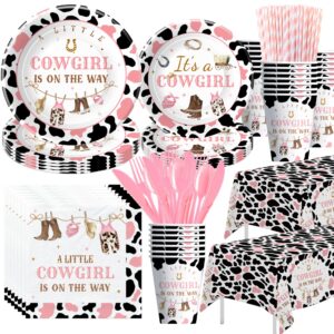 xigejob western cowgirl baby shower decorations party tableware - little cowgirl baby girl table decorations, plate, cup, napkin, cutlery, tablecloth, wild west rodeo baby shower supplies | serve 24