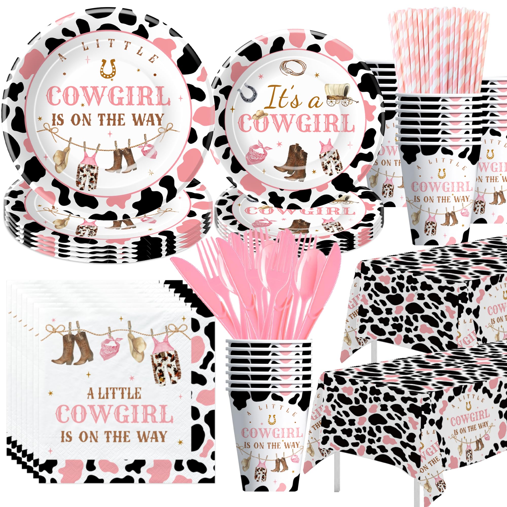 Xigejob Western Cowgirl Baby Shower Decorations Party Tableware - Little Cowgirl Baby Girl Table Decorations, Plate, Cup, Napkin, Cutlery, Tablecloth, Wild West Rodeo Baby Shower Supplies | Serve 24