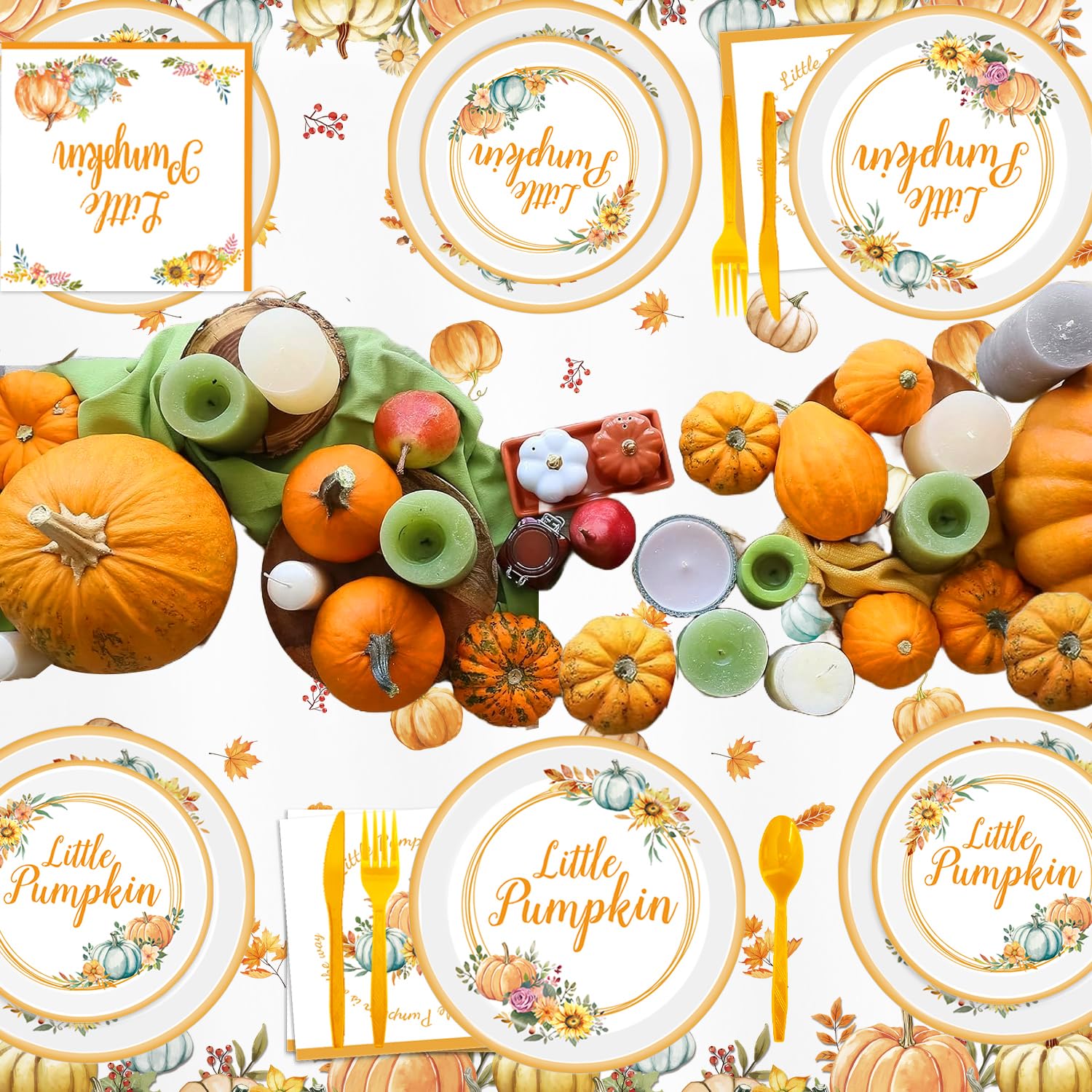 Fall Little Pumpkin Baby Shower Party Decorations Thanksgiving Pumpkins Disposable Birthday Party Decorations Set with Plates, Cups, Napkins, Tablecloth, Banner, Knives, Spoons and Forks, Serves 24